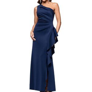 XSCAPE Petite Gathered-Waist One-Shoulder Evening Gown - Midnight Blue NWT 8P